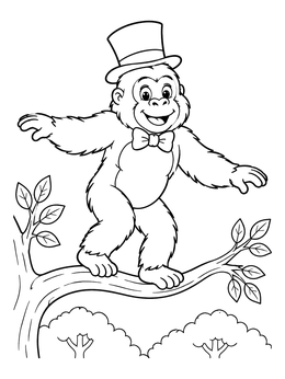 A cheerful gorilla coloring page featuring an ape in a top hat balancing on a branch.
