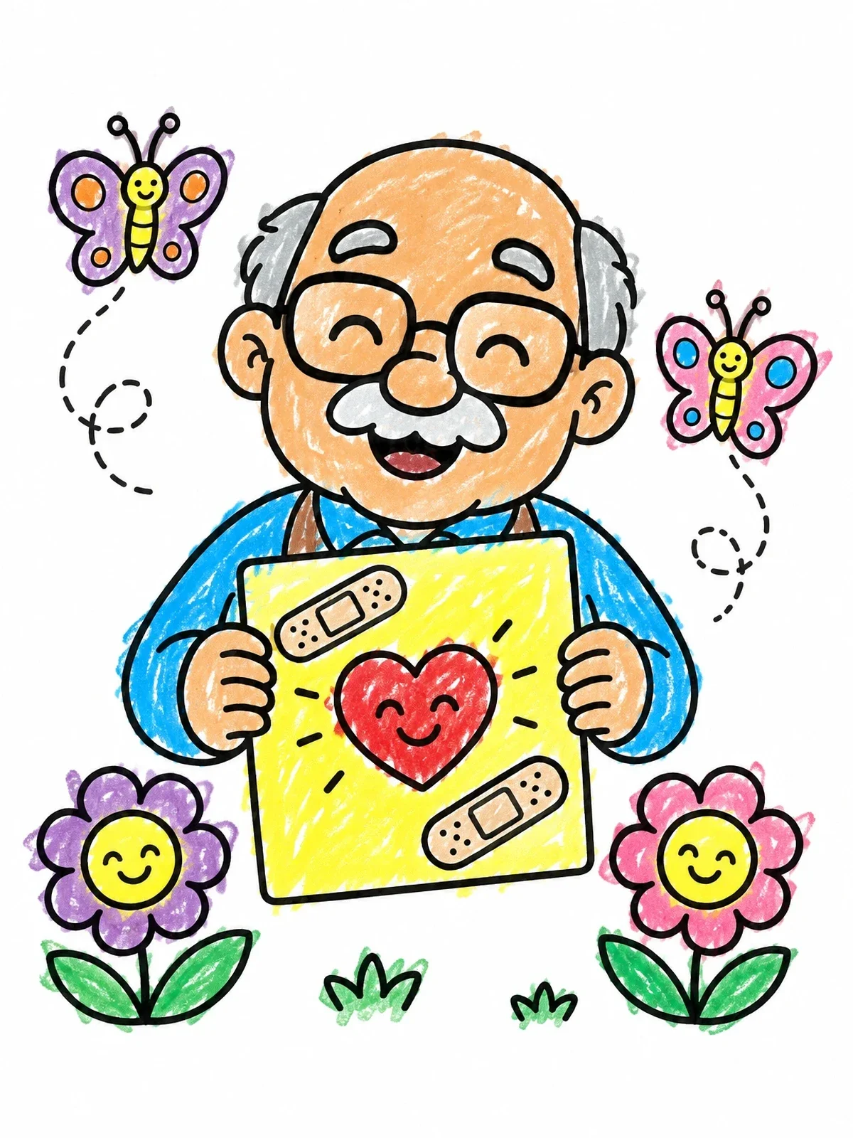 Colored example of the Cheerful Grandfather With Get Well Card coloring page
