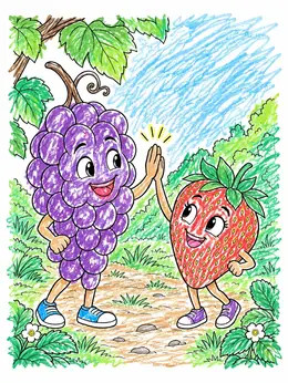 Grabes Drawing Cheerful Grapes And Strawberry High Five Coloring Page