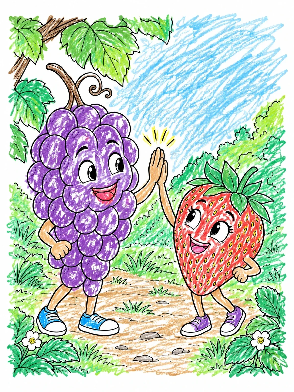 Colored example of the Cheerful Grapes And Strawberry High Five coloring page