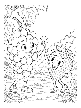 A friendly grapes coloring page with a cartoon grape bunch giving a high five to a smiling strawberry in a garden.