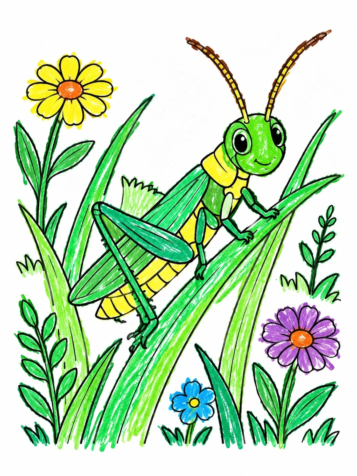 Colored example of the Cheerful Grasshopper On Blade Of Grass coloring page