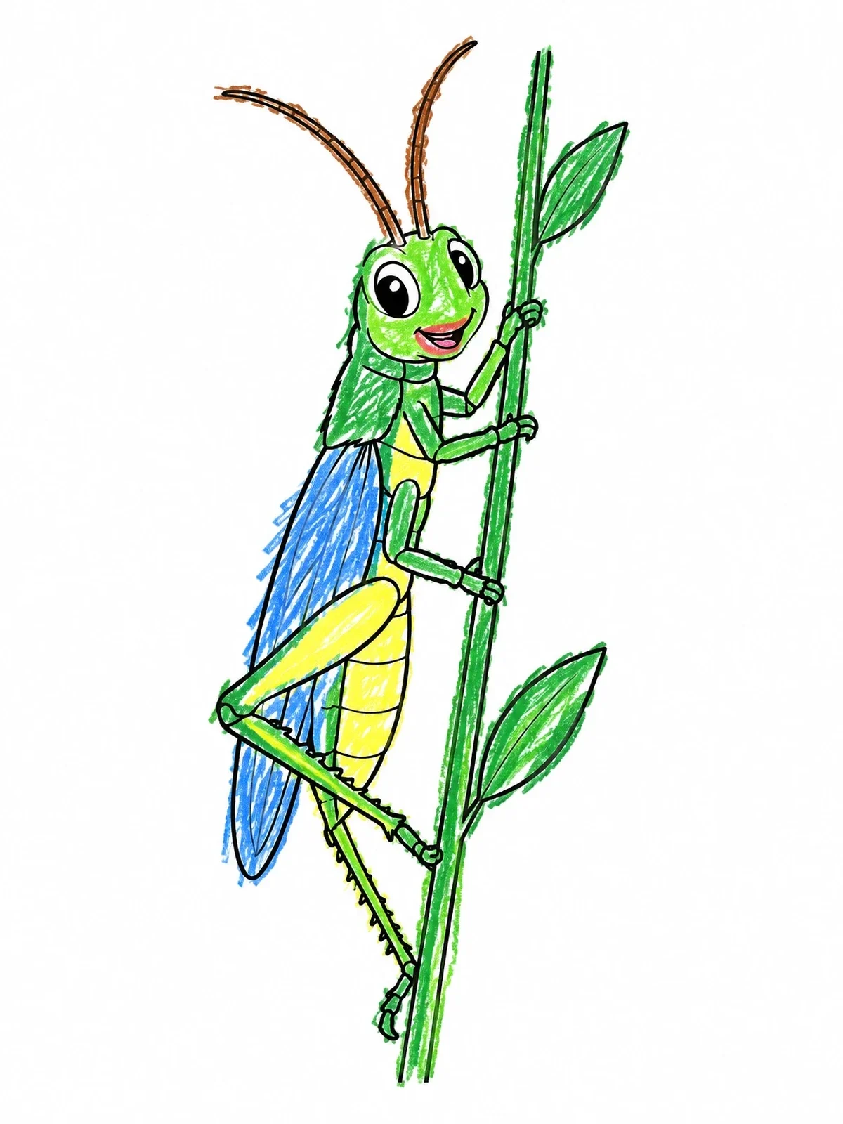 Colored example of the Cheerful Grasshopper Climbing A Stem coloring page