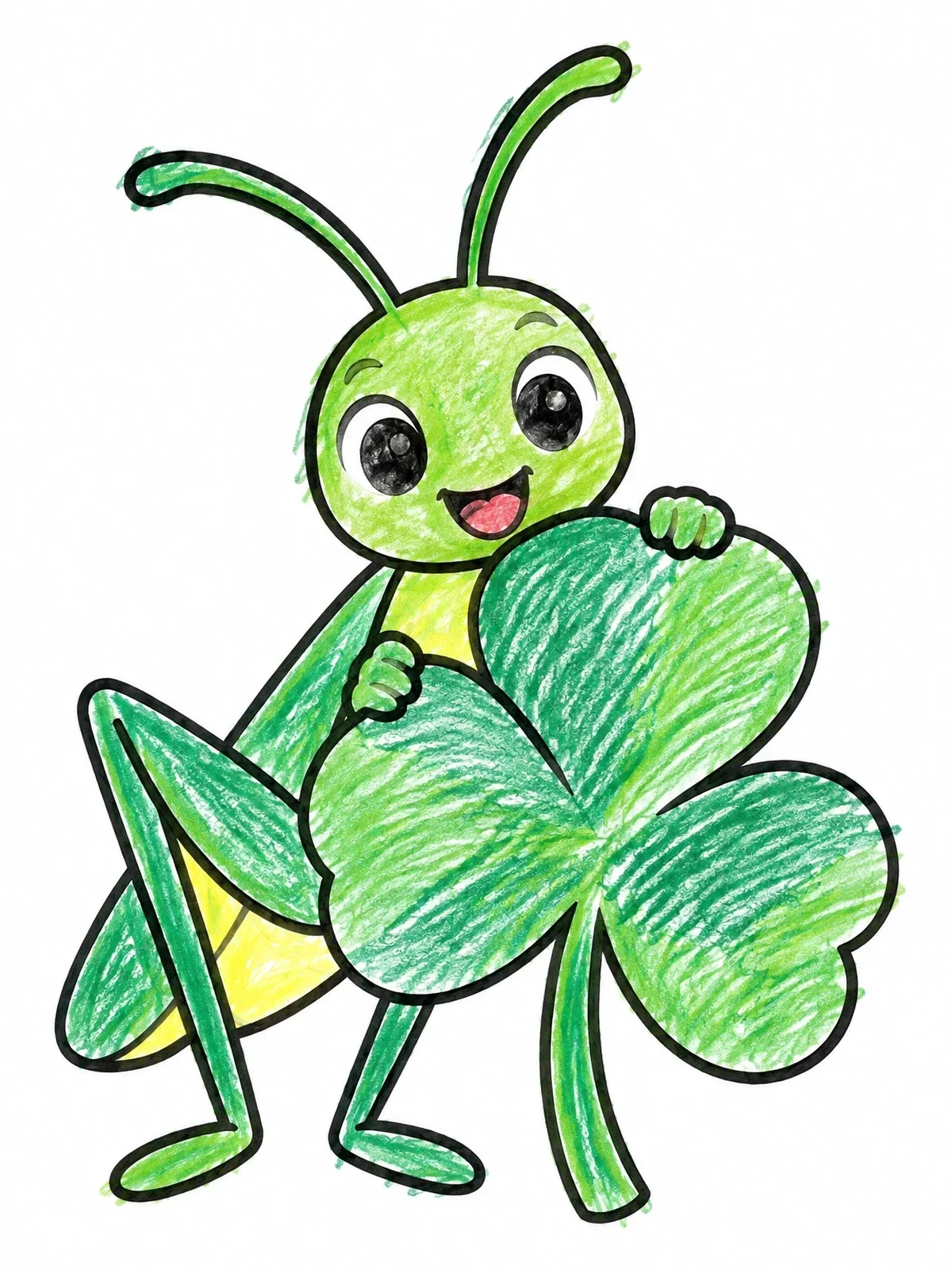 Colored example of the Cheerful Grasshopper With Clover Leaf coloring page