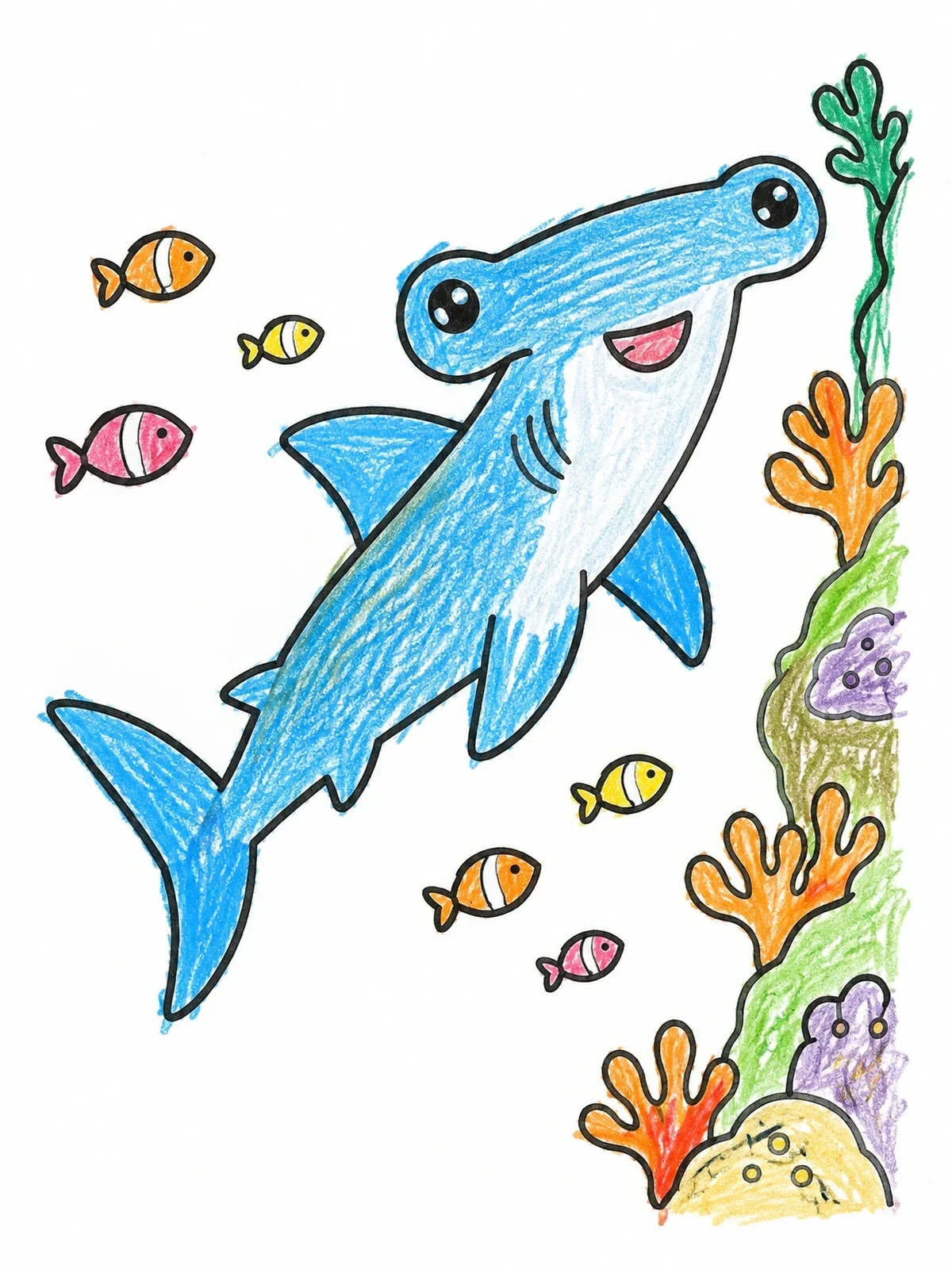 Colored example of the Cheerful Hammerhead Shark By The Reef coloring page
