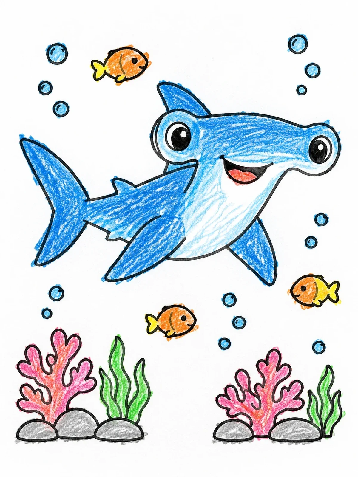 Colored example of the Cheerful Hammerhead Shark Swimming With Little Fish coloring page