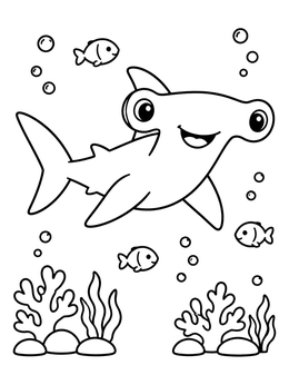Free printable Cheerful Hammerhead Shark Swimming With Little Fish coloring page