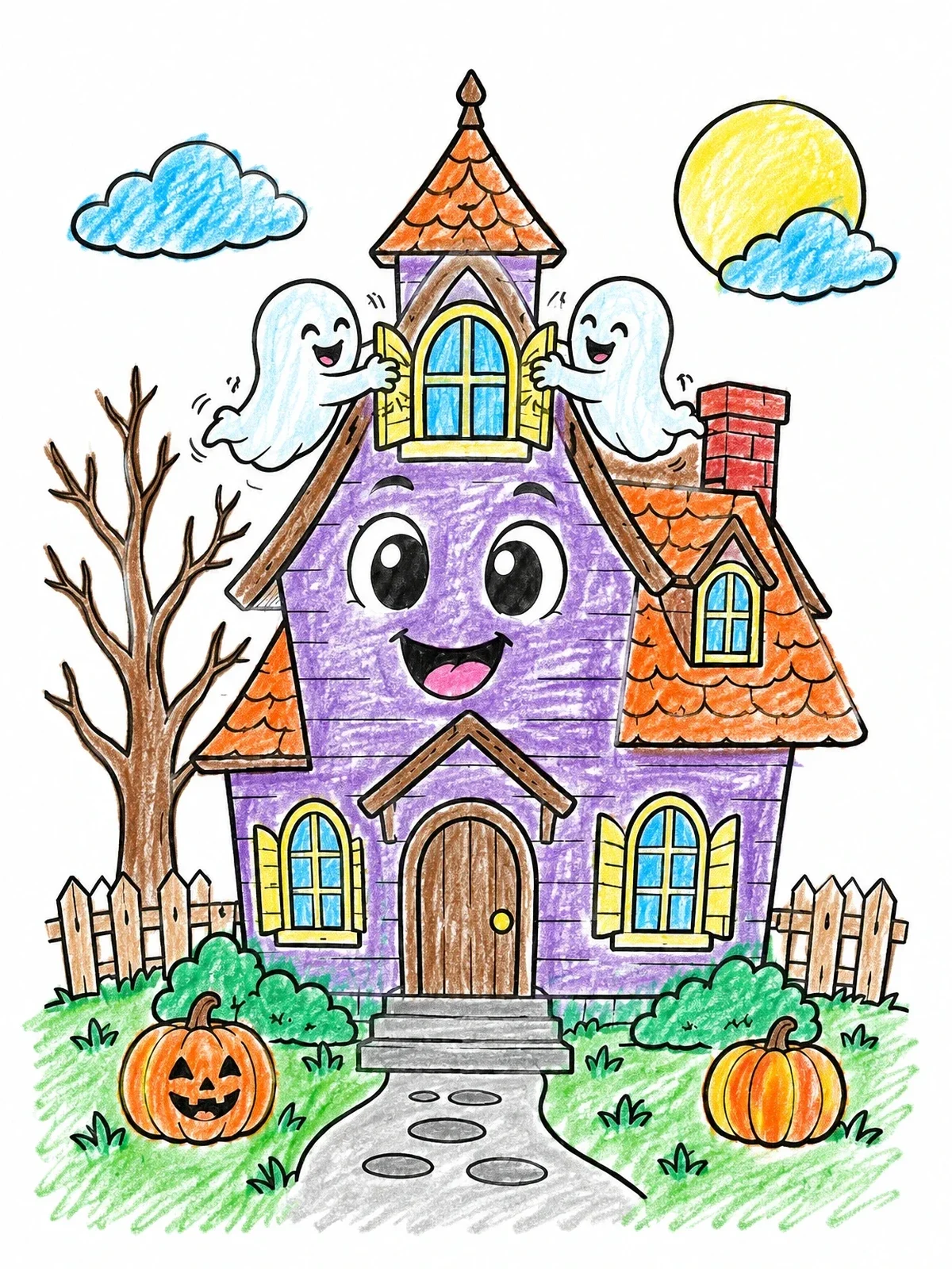 Colored example of the Cheerful Haunted House With Friendly Ghosts coloring page