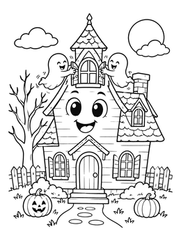 Free printable Cheerful Haunted House With Friendly Ghosts coloring page