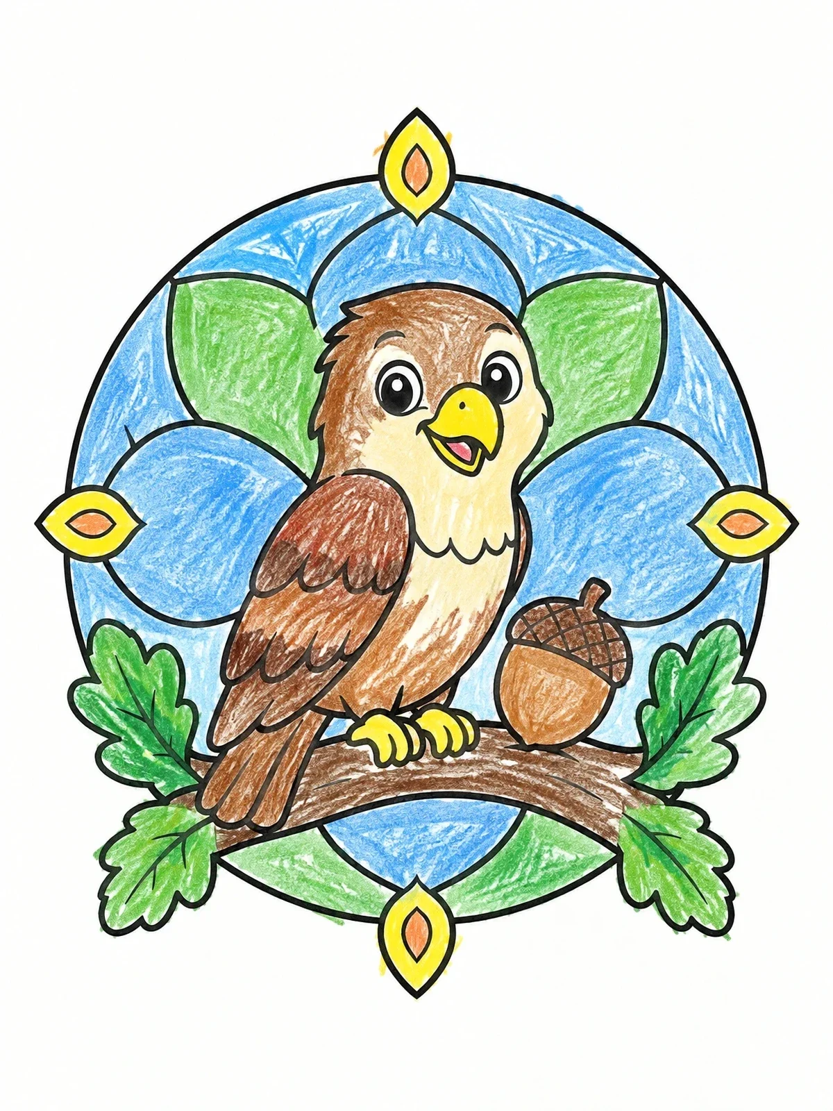 Colored example of the Cheerful Hawk With Acorn On Branch coloring page