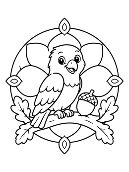 Free printable Cheerful Hawk With Acorn On Branch coloring page