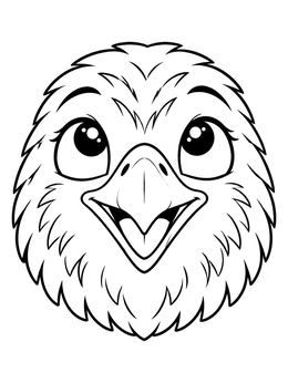 A cheerful baby hawk coloring page looking upwards with a wide smile.