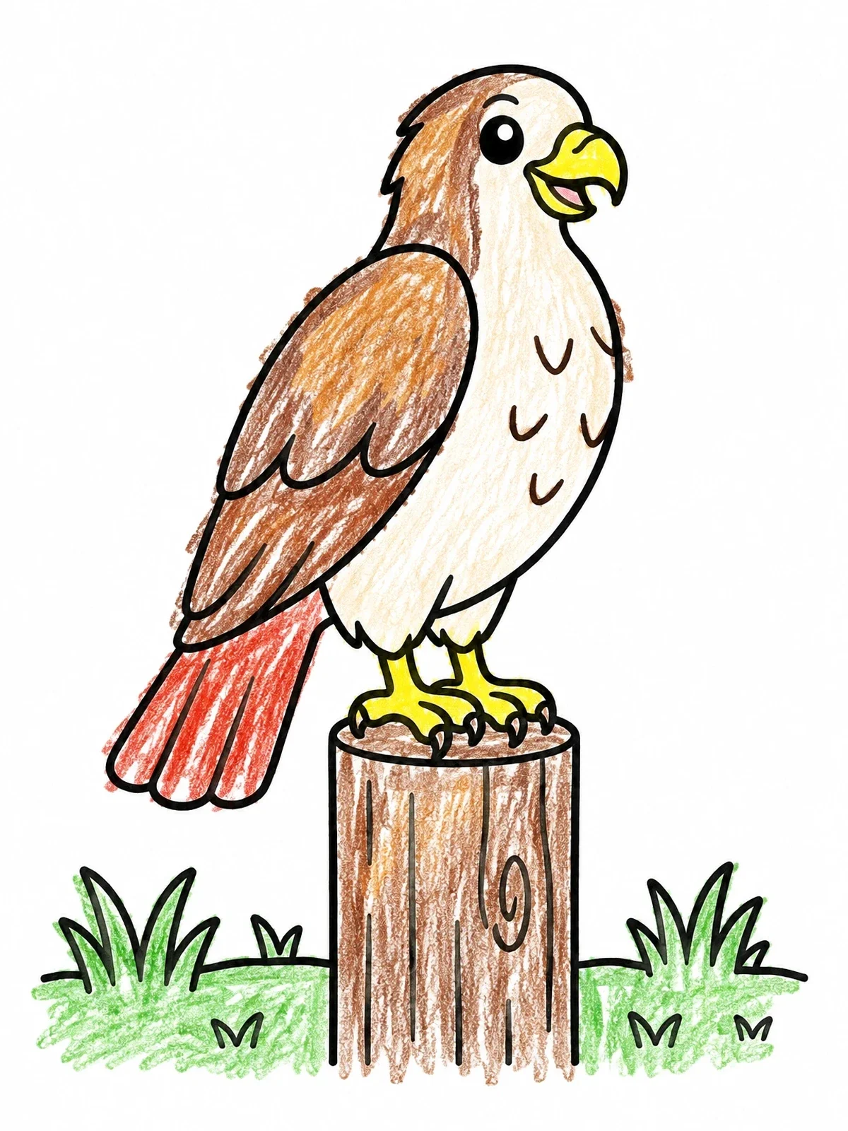 Colored example of the Cheerful Hawk On A Wooden Post coloring page