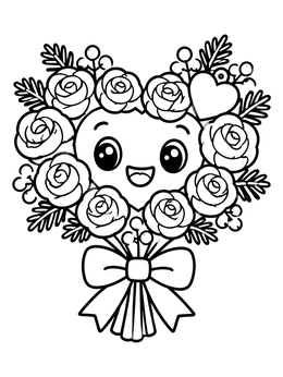 Free printable Cheerful Heart Bouquet With Roses coloring page