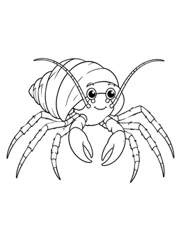 A cheerful cartoon crab coloring page featuring a hermit crab peeking from its spiral shell.