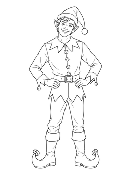 Smiling realistic holiday helper on this elf coloring page with curled boots and festive cap.