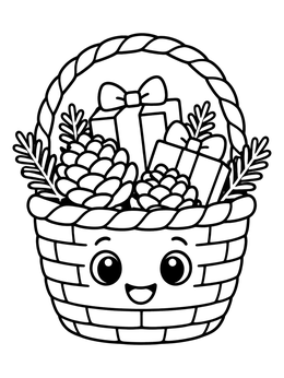 A happy basket coloring page filled with presents, pine cones, and greenery.