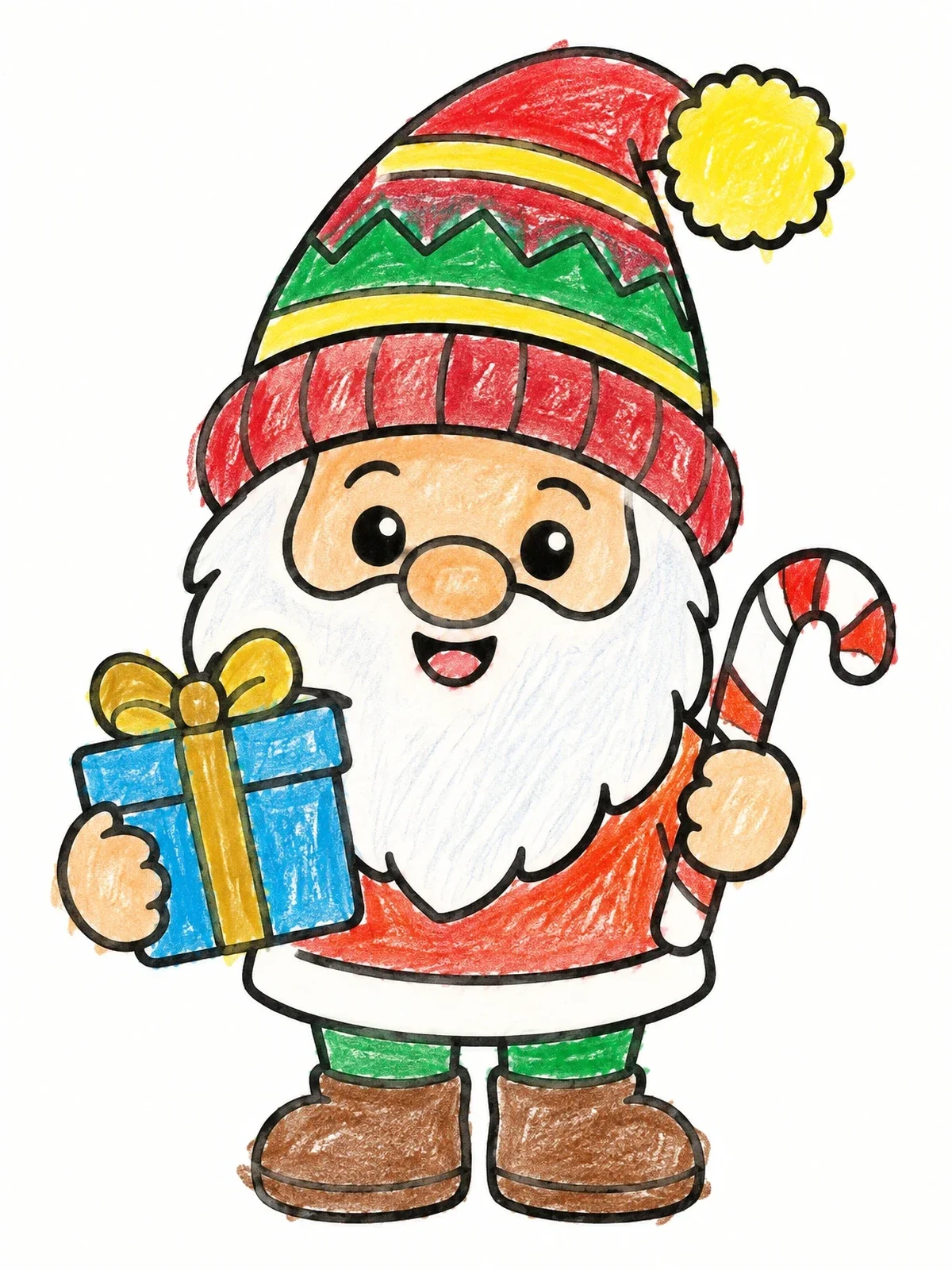 Colored example of the Cheerful Holiday Gnome With Gifts coloring page