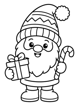 A smiling gnome coloring page holding a wrapped present and a striped candy cane.