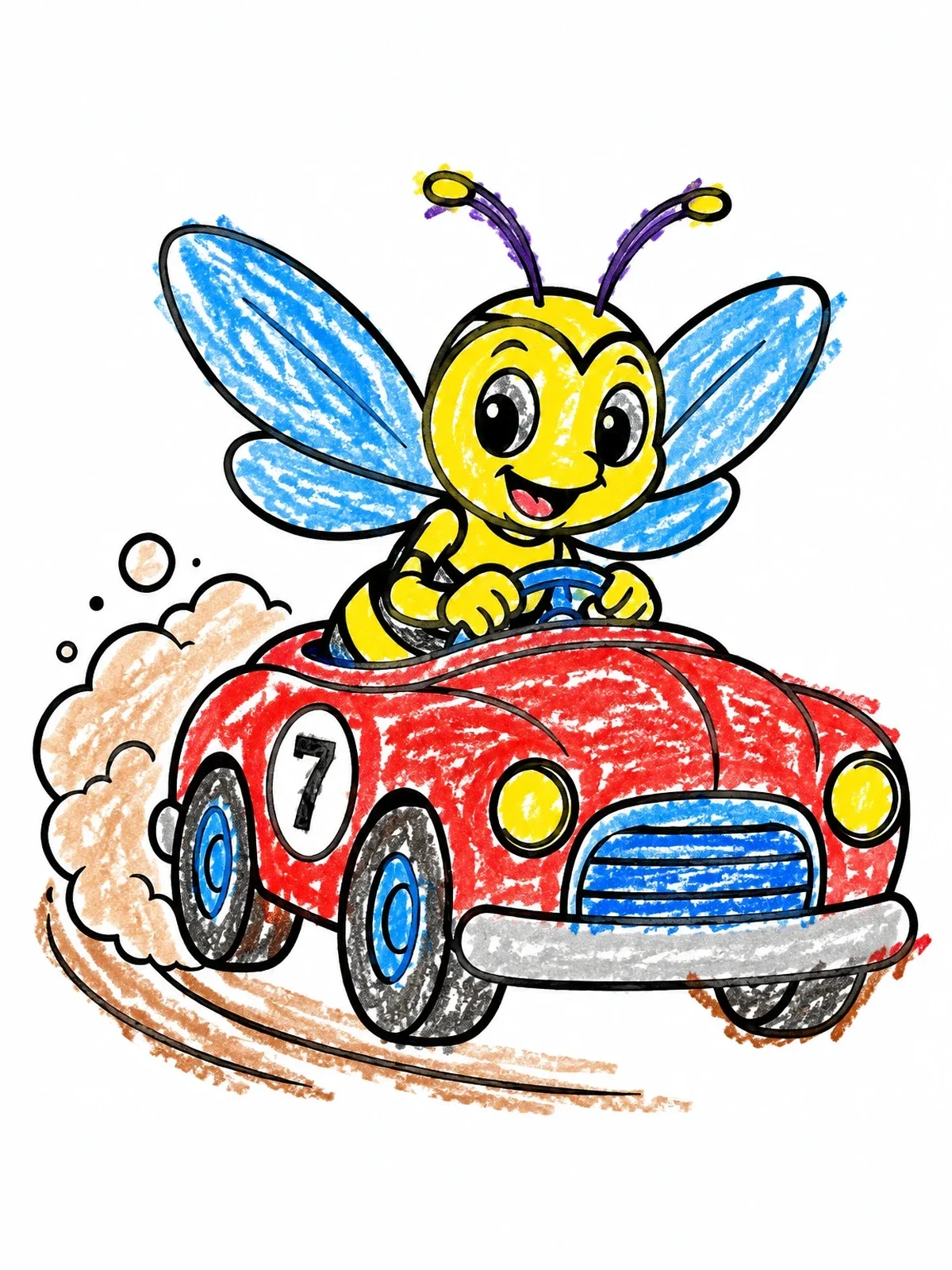 Colored example of the Cheerful Hornet Driving A Race Car coloring page