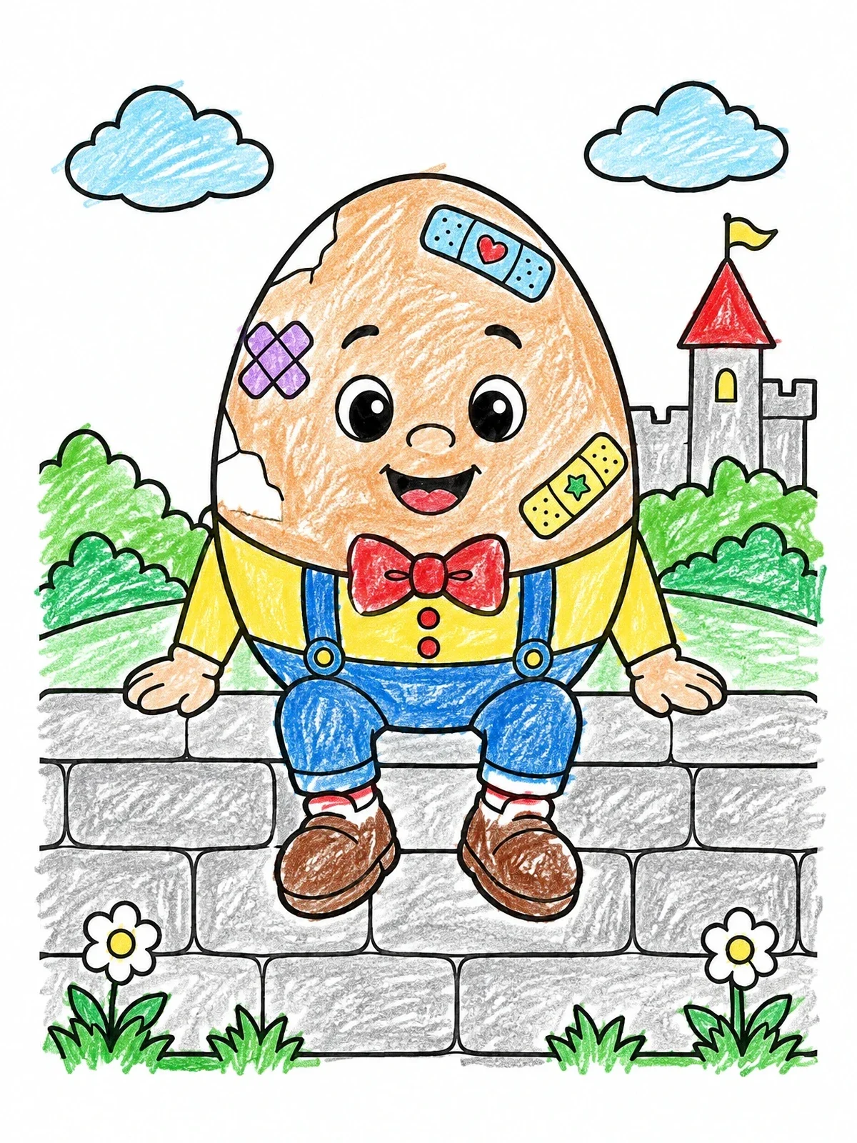 Colored example of the Cheerful Humpty Dumpty With Bandages On A Wall coloring page