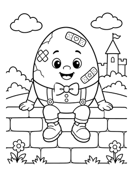 A smiling humpty dumpty coloring page featuring cute bandages while sitting on a brick wall.