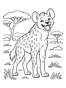 A smiling spotted hyena stands outdoors in this detailed hyena coloring page.