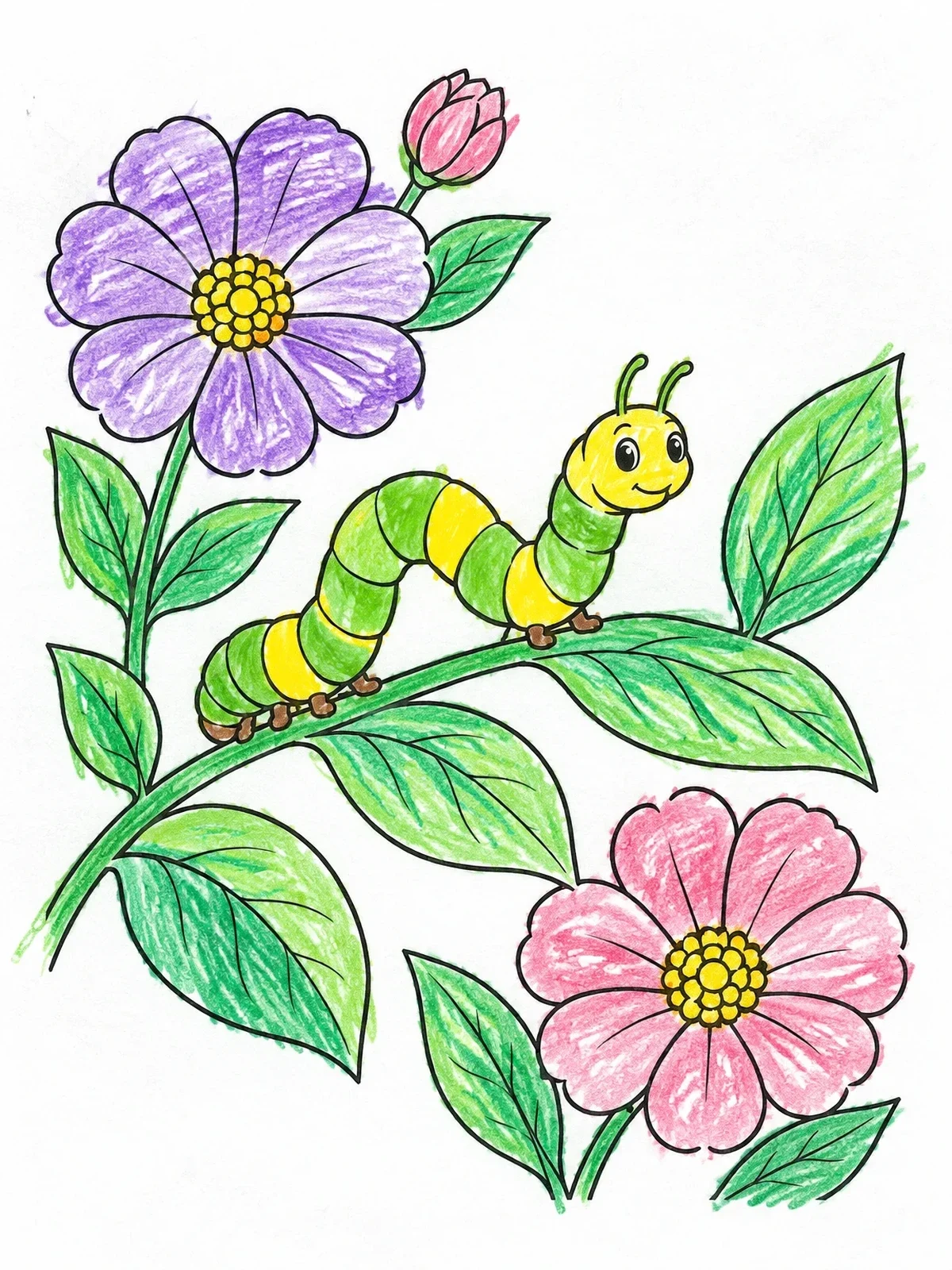 Colored example of the Cheerful Inchworm On A Flower Branch coloring page