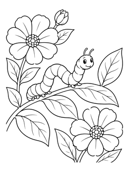 A cheerful inchworm coloring page crawling along a leafy branch with large blossoms.