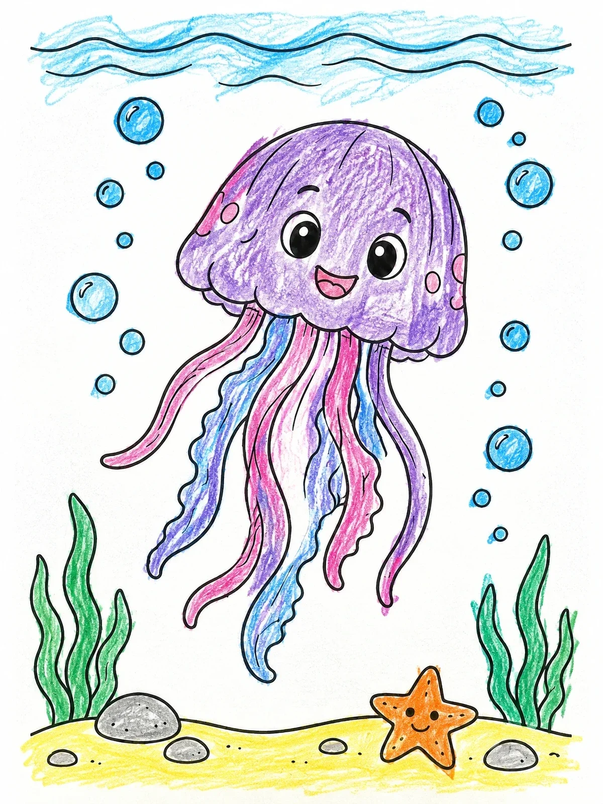 Colored example of the Cheerful Jellyfish Under The Sea coloring page