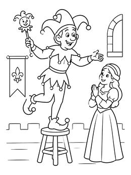 Free printable Cheerful Jester Performing On A Stool coloring page