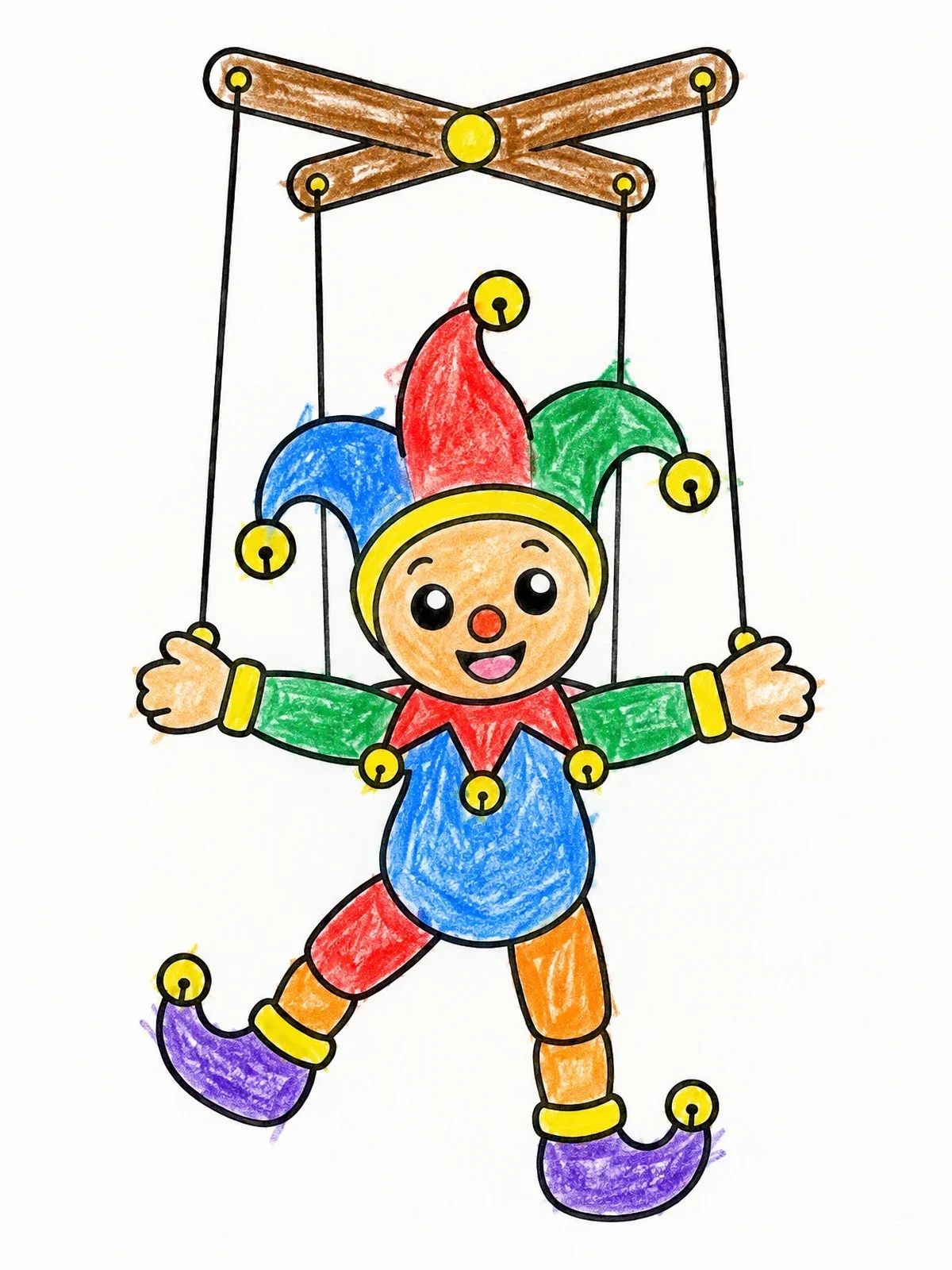 Colored example of the Cheerful Jester Marionette coloring page