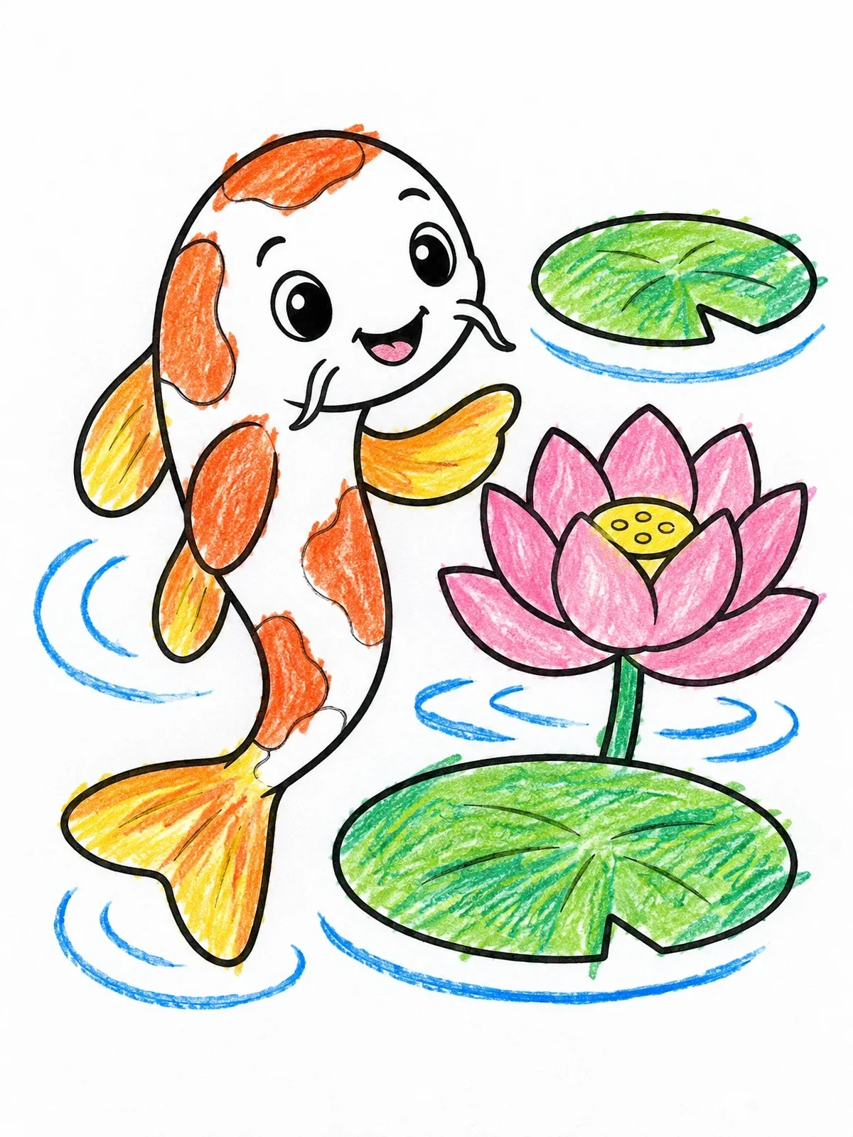 Colored example of the Cheerful Koi Beside Lotus Blossom coloring page