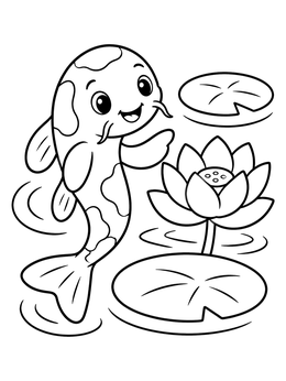 A friendly koi fish coloring page with a blooming lotus flower and lily pads.