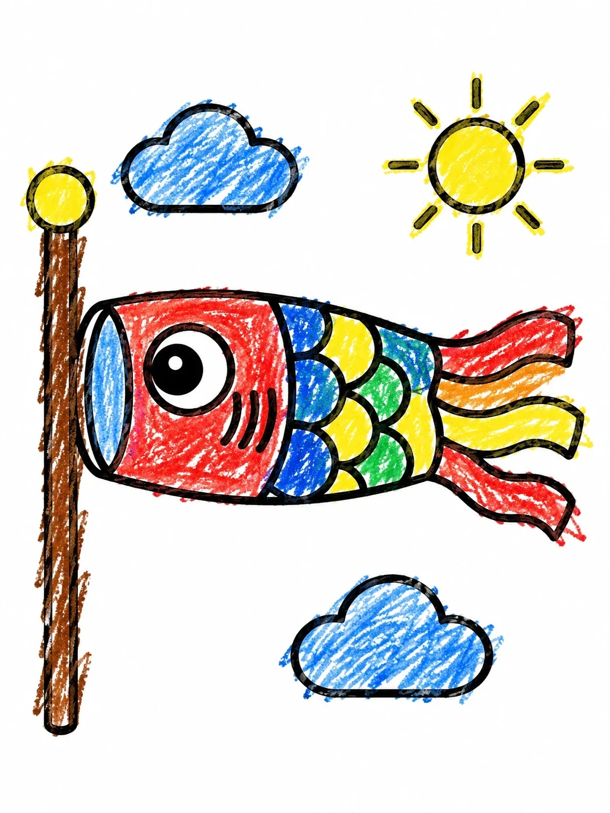 Colored example of the Cheerful Koinobori Flying On A Pole coloring page