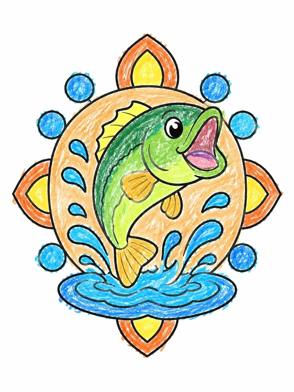 Colored example of the Cheerful Bass Leaping From Water coloring page