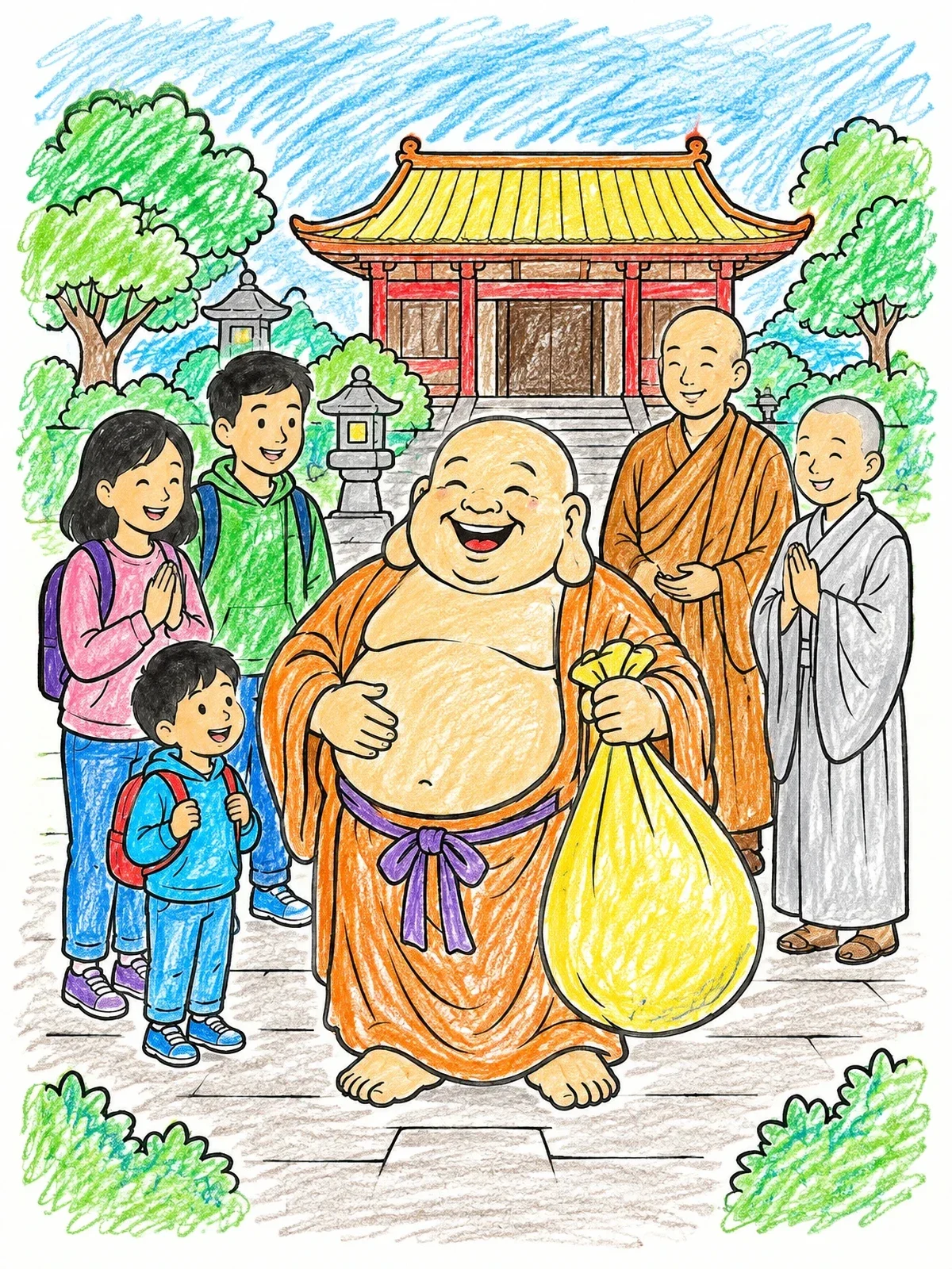 Colored example of the Cheerful Laughing Buddha At Temple coloring page