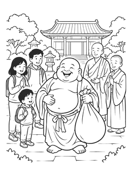 Free printable Cheerful Laughing Buddha At Temple coloring page