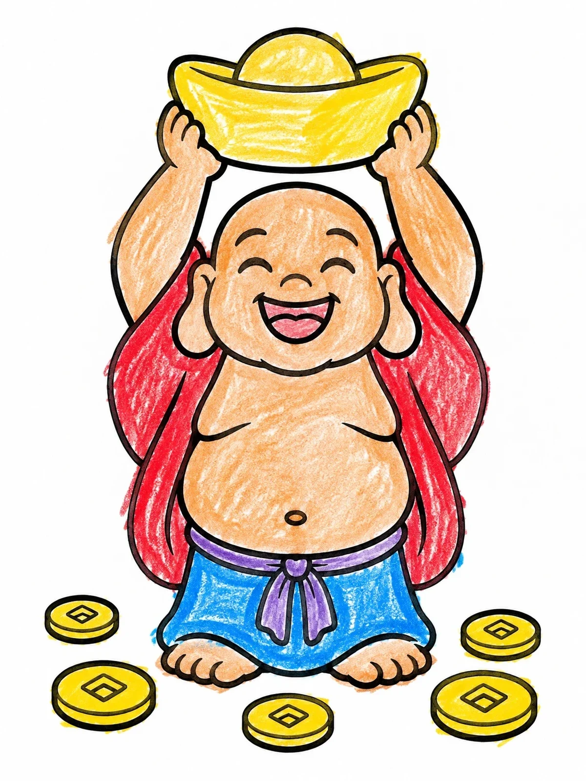 Colored example of the Cheerful Laughing Buddha With Gold Ingot coloring page