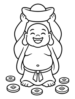 Free printable Cheerful Laughing Buddha With Gold Ingot coloring page