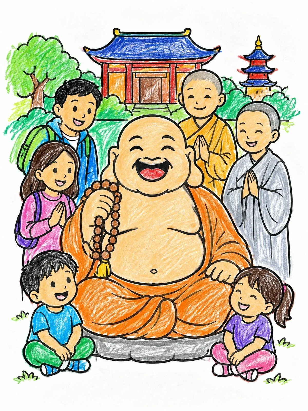 Colored example of the Cheerful Laughing Buddha With Children And Monks coloring page