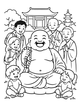 Free printable Cheerful Laughing Buddha With Children And Monks coloring page