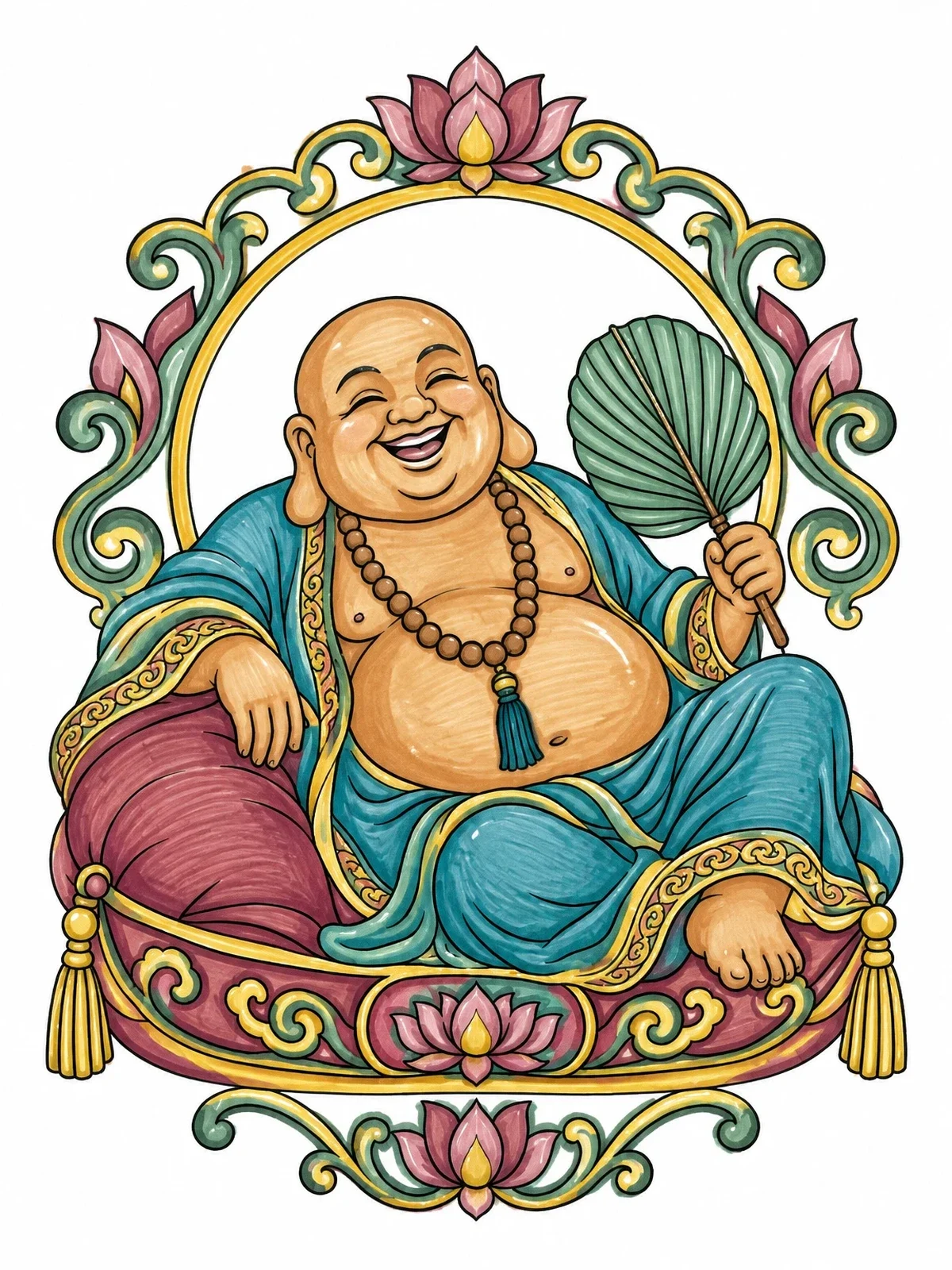 Colored example of the Cheerful Laughing Buddha With Fan coloring page