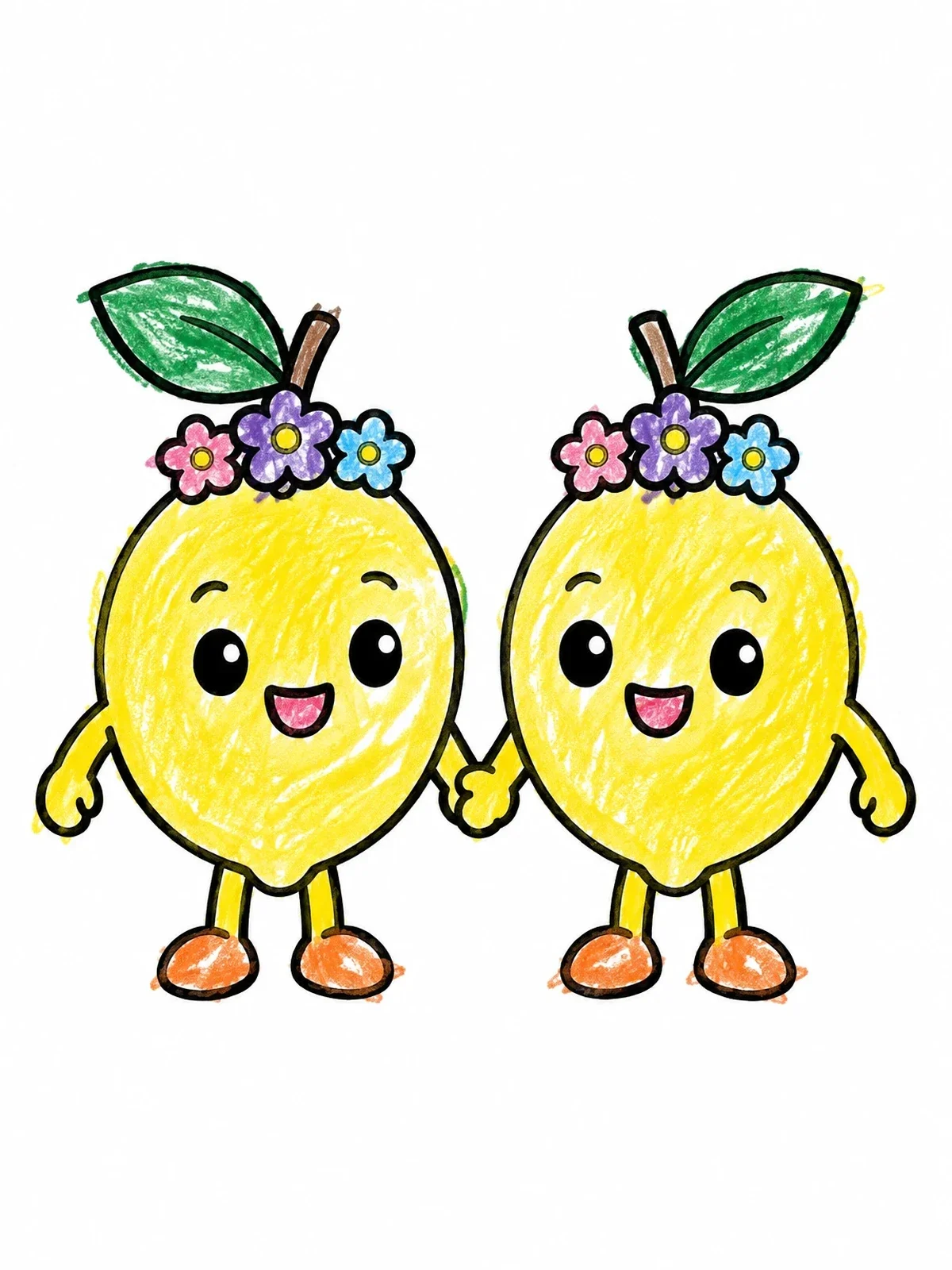 Colored example of the Cheerful Lemons Holding Hands coloring page