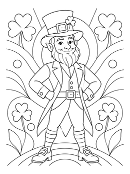 A smiling man stands proudly in this leprechaun coloring page with clovers and rainbows.