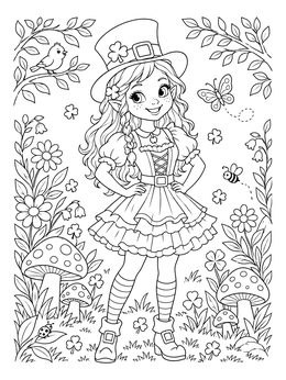 Free printable Cheerful Leprechaun Girl In Nature coloring page