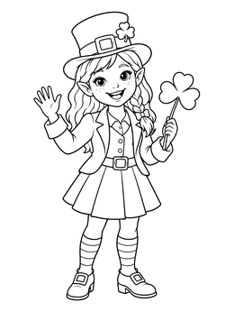 Free printable Cheerful Leprechaun Girl Waving Shamrock coloring page