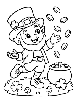 Free printable Cheerful Leprechaun With Gold Coins coloring page