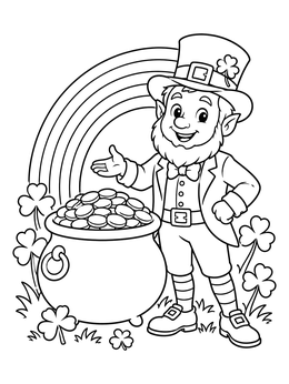 A cheerful leprechaun standing by a pot of gold and rainbow on this shamrock coloring page.