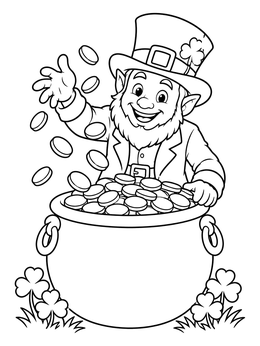 A smiling leprechaun coloring page showing him tossing gold coins above an overflowing cauldron.